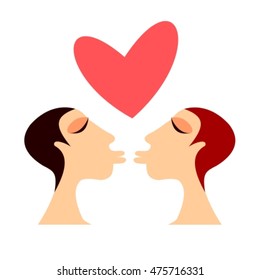 Two kissing girls with heart on a white background.