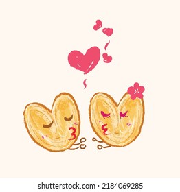 Two kissing heart-shaped puffy pastries on pink heart background in cartoon vector flat illustration design