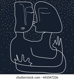 Two kissing people on dark sky background