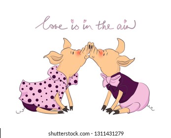 two kissing pigs in love with lettering vector isolated
