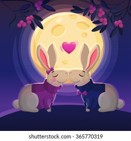 Two kissing rabbits in night on the moon background. Cartoon vector illustration. Valentines Day Card.