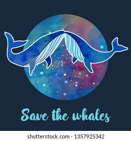 Two kissing whales. Postern or post card design. Watercolour imitation.