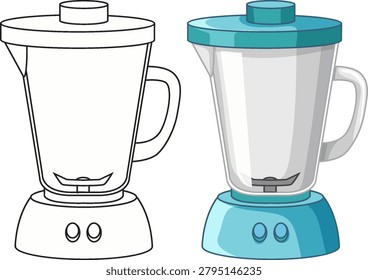Two kitchen blenders presented in black outline and flat color vector illustration styles
