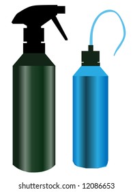 Two kitchen bottles, a green spray bottle and a blue nozzle style