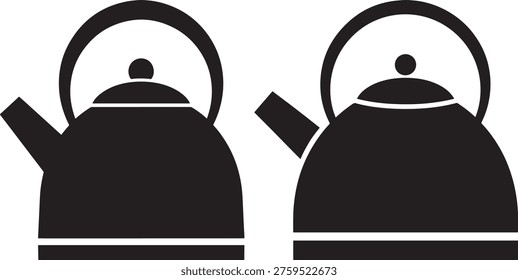 Two kitchen kettles for boiling water, simple icon graphic, black and white silhouette.