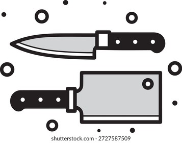 Dos cuchillos de cocina, un cuchillo de chef y un cuchillo con asas negras y hojas grises sobre un fondo blanco con círculos y puntos dispersos