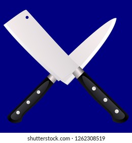 Two kitchen knives cross on a colored background. Vector illustration in 3d style