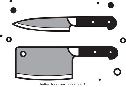Dos cuchillos de cocina, un cuchillo de chef y un cuchillo con asas negras sobre un fondo blanco con círculos negros dispersos