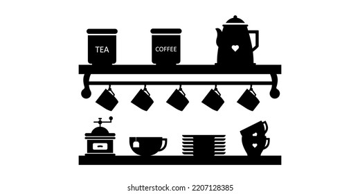 Two kitchen shelves with cups, plates, kettle, coffee grinder. Wall decor.