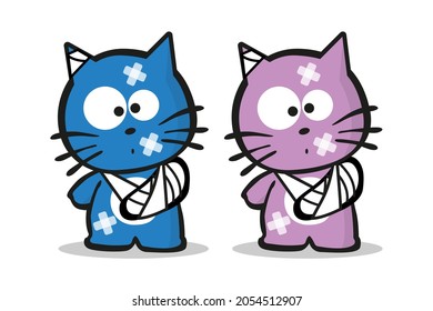 Two kitten characters with broken arm in a cast and bruises. Vector illustration on white background