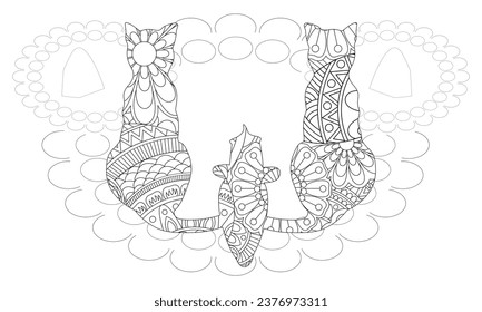 Two kittens in a basket with daisies. Hand drawn picture. Sketch for anti-stress adult coloring book. Vector illustration for coloring page.