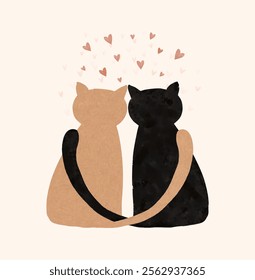 Two Kittens Cuddled Up To Each Other And A Cloud Of Hearts Floating Above Their Heads. Valentine's Day Vector Illustration with Cats. Ginger and Black Cat on a Beige Background. Hand Drawn Kitties.RGB