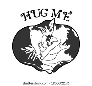 Two kittens cuddling with messages, hug me, love and care concept. Design for cat lovers. vector illustration.