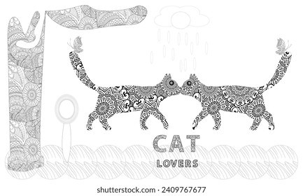 Two kittens in the garden Cats Coloring Pages. Cat coloring page for cat lovers.With Butterflies Mandala.coloring book for adult cat lover