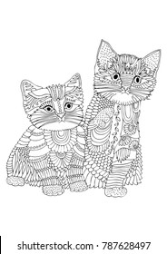 Two kittens. Hand drawn picture. Sketch for anti-stress adult coloring book in zen-tangle style. Vector illustration for coloring page.