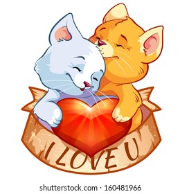 Two kittens with the heart.  Vector illustration on white background. Design element for Valentine's Day greeting card.