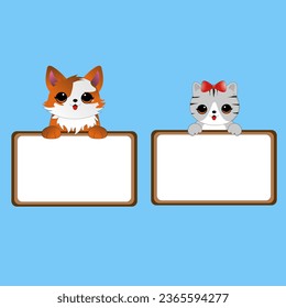 Two kittens holding displaying a blank white board banner poster. vector design illustration.
