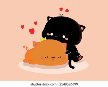 Two kittens lying together, cuddling one black and one red. 