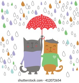 Two kittens on a rainy day Vector illustration background