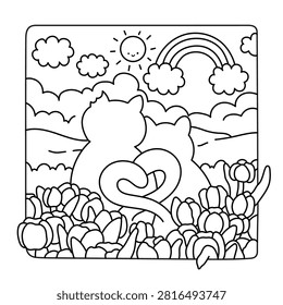 Two kittens sit together in a blooming flower field, watching a smiling rainbow stretch across the sky. Black and white cute coloring page.
