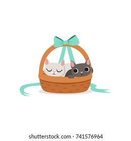 Two kittens sitting in wicker basket vector Illustration