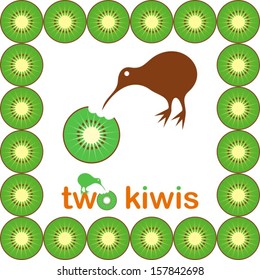 Two kiwis (fruit and bird) in frame made of kiwis