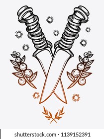 Two knife and berries. Vector illustration imitates traditional ink painting. Graphic hand drawn. Textile fabric design. Illustration in tattoo style.