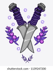 Two knife and berries. Vector illustration imitates traditional ink painting. Graphic hand drawn. Textile fabric design. Illustration in tattoo style.