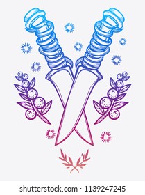 Two knife and berries. Vector illustration imitates traditional ink painting. Graphic hand drawn. Textile fabric design. Illustration in tattoo style.