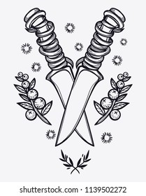 Two knife and berries. Vector illustration imitates traditional ink painting. Graphic hand drawn. Textile fabric design. Illustration in tattoo style.