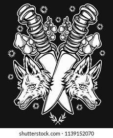 Two knife and wolves. Vector illustration imitates traditional ink painting. Graphic hand drawn. Textile fabric design. Illustration in tattoo style.
