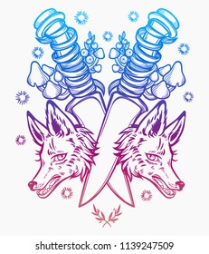 Two knife and wolves.. Vector illustration imitates traditional ink painting. Graphic hand drawn. Textile fabric design. Illustration in tattoo style.
