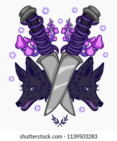 Two knife and wolves. Vector illustration imitates traditional ink painting. Graphic hand drawn. Textile fabric design. Illustration in tattoo style.