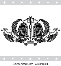 Two knight helmets between torches and wings with crossbow in center. Heraldic vintage label on white