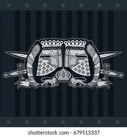 Two knight helmets in center of laurel wreath with crossed swords and lions and. Heraldic vintage label on blackboard