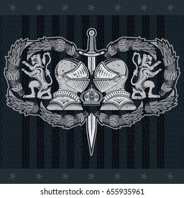 Two knight helmets in center with sword between lions and laurel wreath. Heraldic vintage label on blackboard