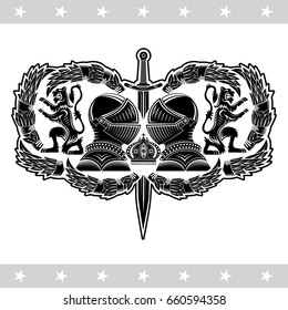 Two knight helmets in center with sword between lions and laurel wreath. Heraldic vintage label on white
