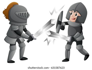 Two knights in armours fighting illustration