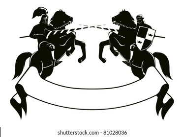 two knights fighting on horseback combat embarked on its hind legs, the bottom of the tape for signs