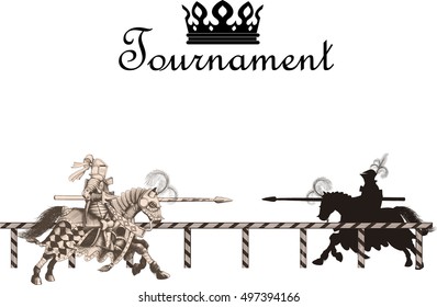 two knights galloping on horseback at jousting tournament to meet the enemy with spears on the edge Medieval Tournament