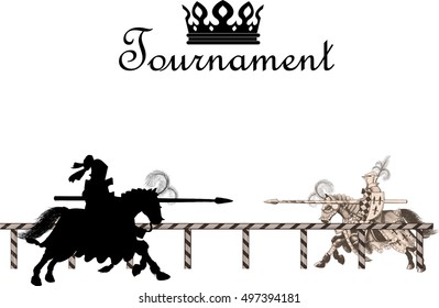 two knights galloping on horseback at jousting tournament to meet the enemy with spears on the edge Medieval Tournament
