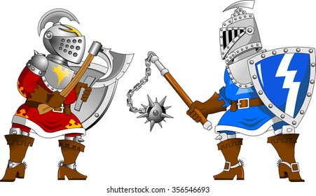 Two knights in red and blue uniforms fighting