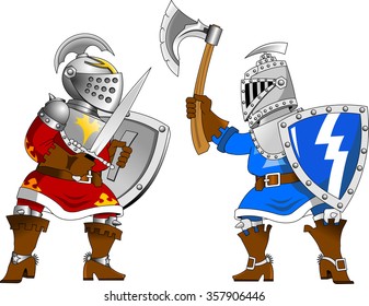 Two knights in red and blue uniforms fighting