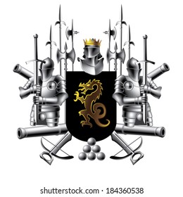Two knights with swords and heraldic shield on white background