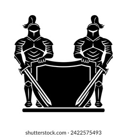 Two knights with swords and shield icon on white background.