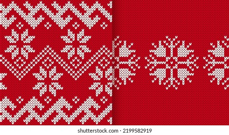 Two knit prints. Christmas seamless pattern. Knitted sweater background. Festive crochet. Xmas winter geometric texture. Holiday fair isle traditional ornament. Wool pullover. Vector illustration.