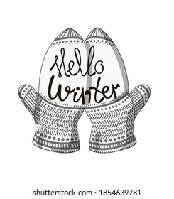 Two knitted gray mittens are drawn in a cartoon style, lettering is drawn on them - Hello winter. The illustration is isolated on a white background. Stock vector illustration.