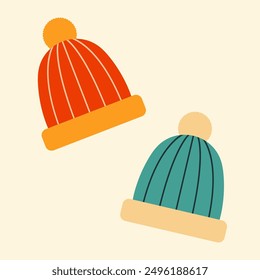 Two knitted hats. Vector illustration in flat style.