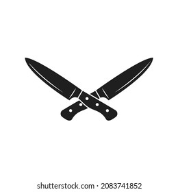 Dos cuchillos cruzados, una cuchilla arriba. Icono del vector, dibujo plano diseño de ilustración monocromo mínimo aislado en fondo blanco, eps 10.