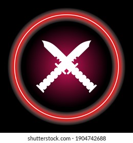 two knives crossed in neon style circle . hunter knife icon concept. Vector illustration